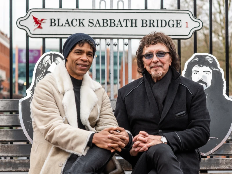Carlos Acosta and Tony Iommi on Black Sabbath Bridge in Birmingham. Photo Drew Tommons