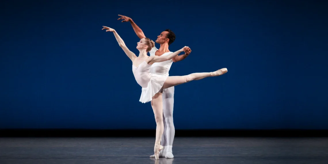 NYCB All Balanchine II Review featuring Emma Von Enck and Taylor Stanley dressed in all white leotard, tights, and skirt in George Balanchine’s Square Dance.