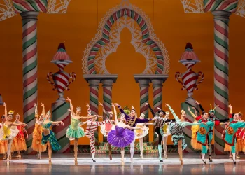 Pacific Northwest Ballet The Nutcracker Review 2025 featuring the entire cast in the finale of the ballet wearing brightly colored costumes.